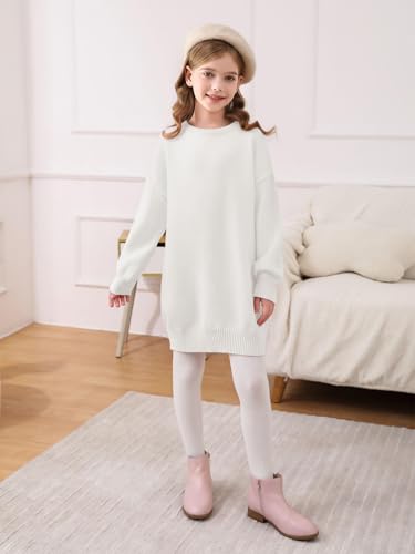 Image of Haloumoning Girls Sweater Dress Casual Crewneck Knit Long Sleeve Fall Winter Dress Pullover 5-14Y White
