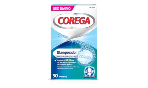 Corega Blanqueador Tabletas Limpiadoras Para Prótesis Dentales, Elimina las Manchas, Uso Diario, 30 Tabletas