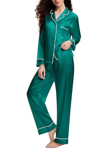 Lonxu Womens Silk Satin Pajamas Set Green M