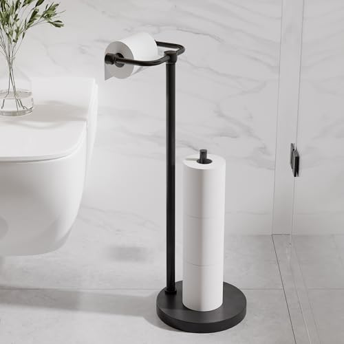 Image of RARXTR Toilet Paper Holder Stand, Post Pivoting Design Free Standing Toilet Paper Holder with Storage for 4 Rolls, SUS304 Stainless Steel Tissue Holder with Reserve, Heavy-Duty Base (Matte Black)