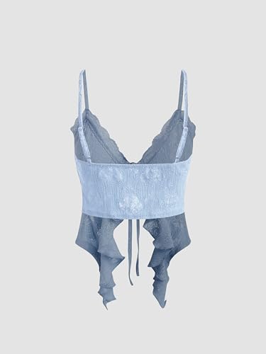 Image of CIDER Going Out Tops for Women Y2K Tie Front Lace Cowgirl Crop Tops | Asymmetrical Ruffle Hem, Spaghetti Strap, Country Concert, Western, Summer Outfits