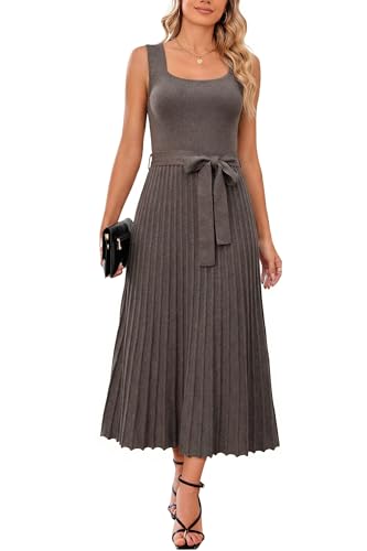 Arach&Cloz Spring Summer Womens Sweater Dress 2026 Sleeveless Square Neck Cashmere Ribbed Knit Tie Waist Pleated A Line Pullover Fashion Belt Flowy Midi Maxi Wedding Guest Outfits Coffee Brown L