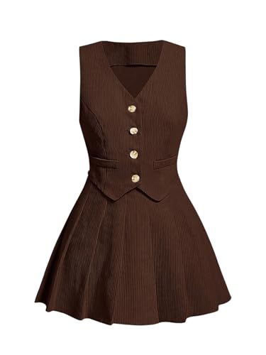 MakeMeChic Women's Plus Size 2 Piece Outfit Corduroy Sleeveless Button Down Crop Vest Blazer and Pleated Mini Skirt Set