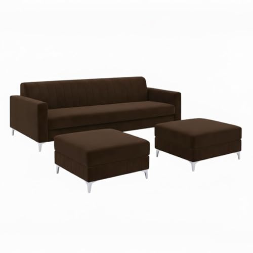 Image of Amelia 5 Seater L Shape Sofa Set with 2 Movable Ottomans | Flexible Layout | Rich Velvet Suede Fabric | Silver Legs | Spacious Seating | Modern Sofa for Living Room (Dark Brown)