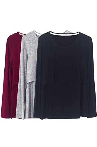 Smallshow Mujer Top Camiseta Premamá Lactancia De Manga Larga 3 Pack,Black/Grey/Wine,L