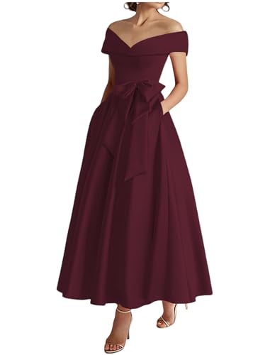 Womens Off The Shoulder Satin Mother of The Bride Dresses for Wedding with Bow Tea Length Formal Evening Gown