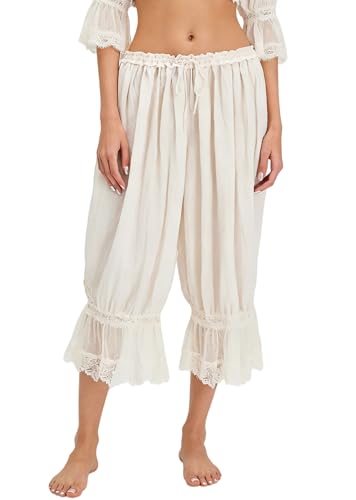 Image of NUFIWI Women Ruffle Long Bloomer Y2k Lace Trim Pettipants Pantaloons Mid Rise Cropped Pajama Pants Under Dress Slips