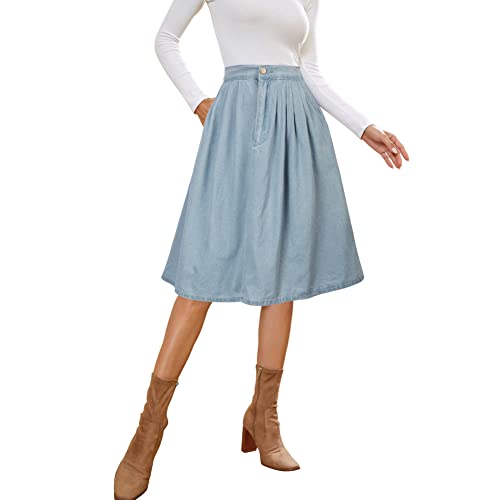 KANCY KOLE Falda de mujer de cintura alta elástica casual invierno falda plisada larga acampanada falda otoño rockabilly fiesta, Denim Claro, XXL