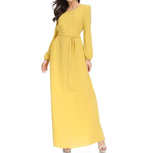 Fanteecy Women's Maxi Dress Long Sleeve Loose Plain Kaftan Party Casual Long Dresses Muslim Abaya Long Dress with Belt Yellow