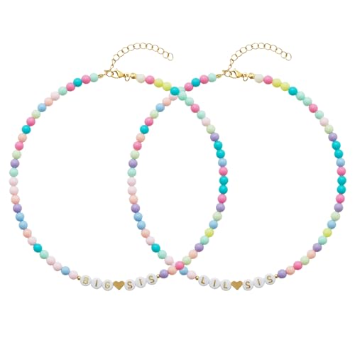 Image of Big Middle Little Sister Mom 2 Daughters Heart Colorful Beaded Necklaces | 3Pcs matching sister pendant set, meaningful friendship & family jewelry, ideal gift for BFF, sisters, mom & daughter