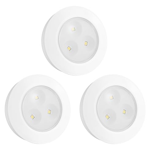 HONWELL LED-Pucklichter,Batteriebetriebenes Push-Licht, Ultradünne Presslampe mit 60 Lumen Berühren Sie Lampe Licht aufkleben Unterschrankbeleuchtung, Ideal für Schränke und Schränke, 3 Stück, Weiß