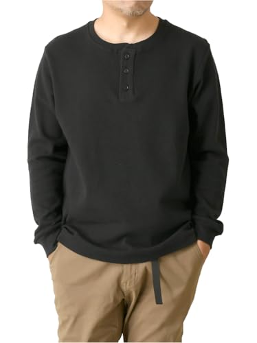 [LIMITED SELECT] (リミテッドセレクト) OEKO-TEX認証 オーガニックコットン混 綿100％ ヘンリーネック ワッフル カットソー メンズ 長袖Tシャツ L2-1474 LL D ブラック