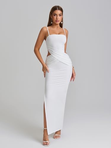 Image of EYNMIN Spaghetti Strap Long Formal Dress Cut Out Ruched Bodycon Split Elegant Wedding Guest Maxi Dresses for Women