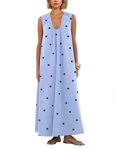 Image of Women Sleeveless Ruched Maxi Dress Scoop Neck Long Elegant Dresses Wide Shoulder Strap Blouse Dress with Side Pockets