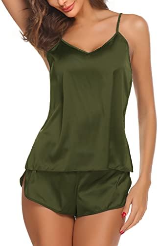 Ekouaer Womens Silk Satin Cami Pajamas Shorts Set Adjustable Strap Nightwear Army Green Medium