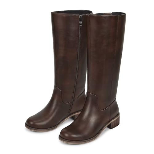 Image of ISNOM Knee High Boots for Women Round Toe Chunky Block Riding Tall Boots with Side Zipper and Low Heel