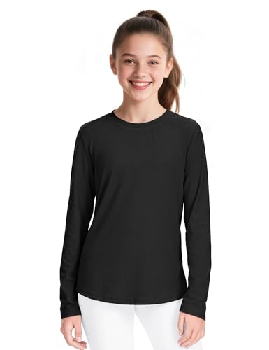 Auranso Girls Long Sleeve Shirts Quick Dry Athletic Shirts Kids Basic Tees Workout Yoga Tops Active Clothes for Teens Black 11-12 Years