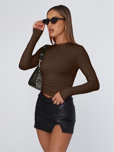Trendy Queen Womens Long Sleeve T Shirts Fall Fashion 2026 Basic Crop Tops Going Out Workout Outfits Y2k Clothes Chocolate XL - Thumbnail 3
