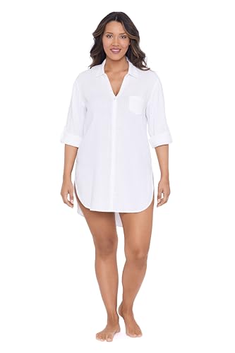 Trimshaper Women's, Button Down Beach Shirt, White, Large