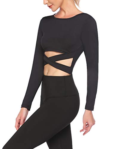 Coorun Womens Long Sleeve Crop Tops Gym Workout Tank Tops Casual Fit Cross Wrap Yoga Running Shirts Black Xxl #TOP2