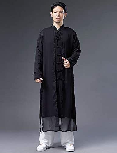 Men's Trench Coat Long Tang Suit Kung Fu Cotton Linen Robe Chinese Style Fake Two Piece Jackets Solid Color3