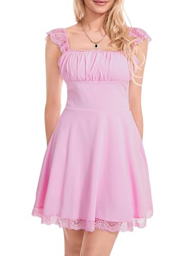 Image of Womens Graduation Party Mini Dress Cute Square Neck Lace Straps White Fairy Short Dress