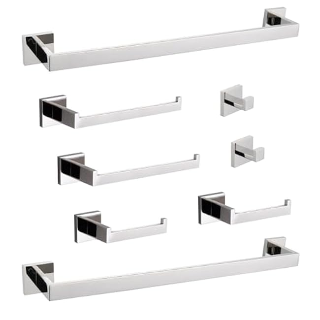 Enhance Bathroom Organization with 8-Piece Bathroom Hardware Set, Modern Stainless Steel, Versatile for Multiple Rooms