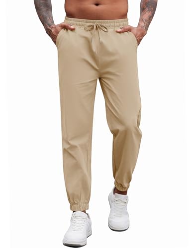 COOFANDY Men's Casual Jogger Pants Cotton Elastic Waist Drawstring Chinos Hiking Outdoor Sweatpants Light Khaki
