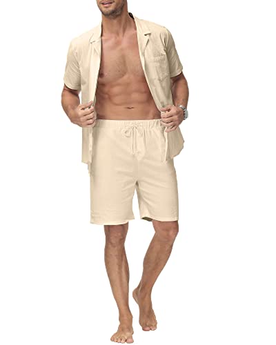 YAOHUOLE Herren 2 Stück Baumwolle Leinen Set Leinen Hemd Und Hose Herren Kurz Khaki 3XL