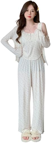 Women's Pajamas, Loungewear, Long Sleeve, Modal, Inner Tank Top, Floral Pattern, Lace, Cool, Cute, Loungewear, Stylish, Thin, Spring, Summer, Autumn, Loose, Skin-friendly, Air Conditioning