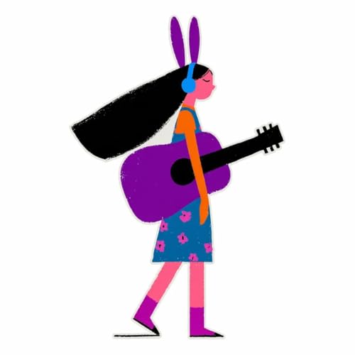 Image of Cute Girl with Guitar Wall Sticker | Cartoon Music Theme Self Adhesive Wall Decal for Kids Room, Bedroom, Nursery & Playroom Decoration