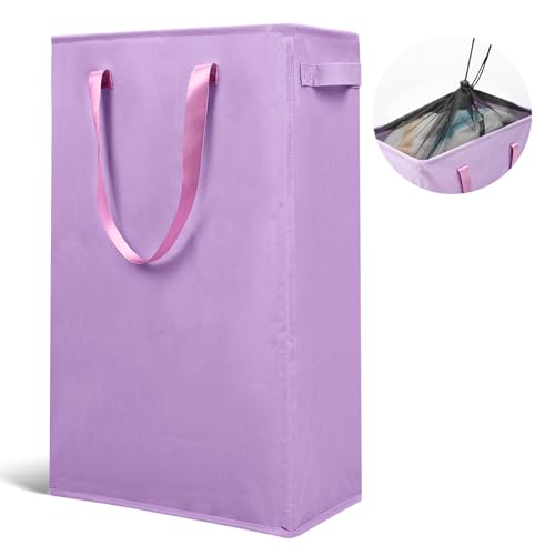 Image of Odonata Slim Laundry Hamper Handles Collapsible Laundry Basket Thin Dirty Clothes Basket Narrow Laundry Bag Foldable Dirty Hamper 45L (Light Purple)