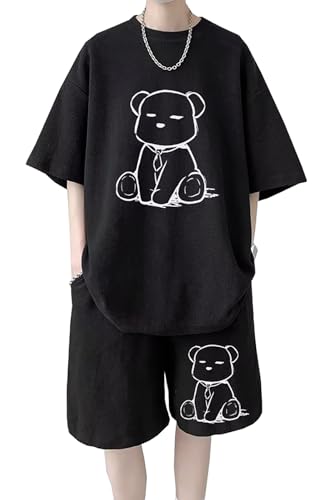 [KTNCFD] セットアップ メンズ 半袖 夏 服 大きいサイズ 2点セット 上下セット tシャツ ジャージ トップス ショートパンツ ハーフパンツ 半ズボン スポーツウェア スウェット 部屋着 オーバーサイズ クマの柄 SXM115a-BK-5XL（Amazon）