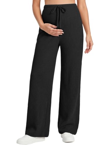 BLENCOT Women's Maternity Pants Casual Stretchy Wide Leg Drawstring Pregnancy Bottoms with Pockets for Postpartum Black Large