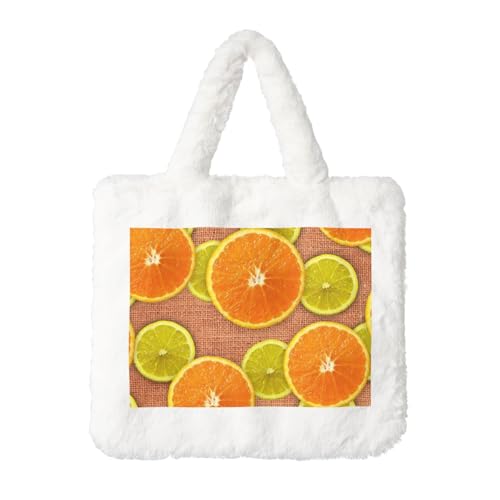 Sac fourre-tout en fourrure imprimé agrumes, grand confort moelleux et sangle amovible pratique