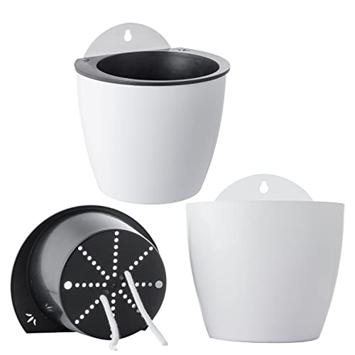 Mygift 7 Inch Modern Wall Mountable Self Watering White Planter Pots, Hanging Hard Plastic Pot For Herb Succulent Cactus, Set Of 6 #TOP6