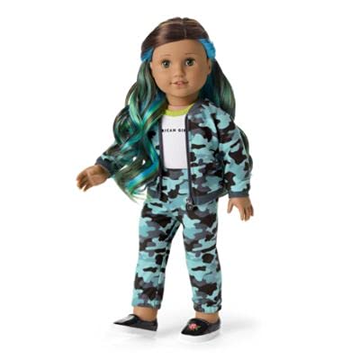 American Girl Truly Me - 18 Inch Street Chic Truly Me Doll in Cool Camo - Hazel Eyes, Wavy Dark Brown Hair with Blue & Green Highlights, Tan Skin with Neutral Undertones - DN89