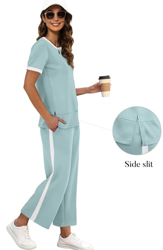 Image of XIEERDUO Women's 2 Piece Outfits Summer Lounge Sets Side Slit Loungewear | Short Sleeve Top Matching Wide Leg Capri Pants