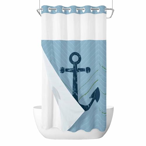 Light Blue Nautical Anchor No Hook Shower Curtain with Snap
