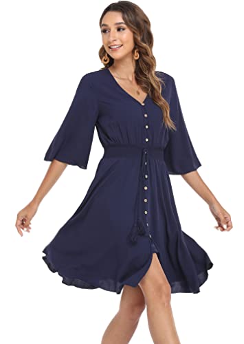 Image of VintageClothing Women's Floral Sundresses Flowy Boho Summer Beach Dress | Lightweight Breathable material,Elegant V Neck and Button Front Design,Flared Bell Sleeve Cut,Mini Casual dress