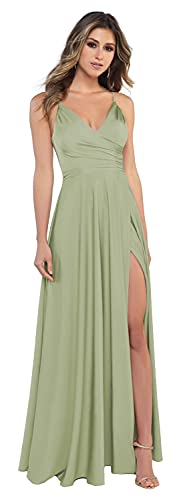 Miao Duo V Neck Satin Prom Dresses with Slit Spaghetti Straps Bridesmaid Dress with Pockets Pleats Formal Gowns Dusty Sage 06