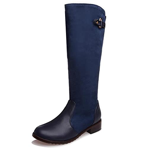 MJIASIAWA Damen Klassischer Runde Zehen Knee Reitstiefel Fell Lined Winter Mode Block Mitte Absatz Reitstiefel Blau Gr 35 Eu