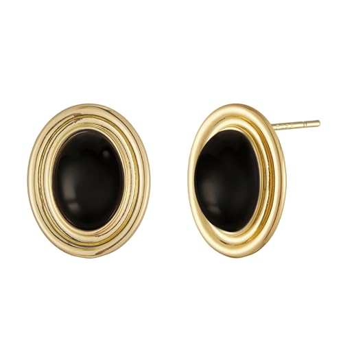 Catuni Black Earrings for Women Black and Gold Chunky Earrings Oval Stone Statement Stud 14K Gold Plated