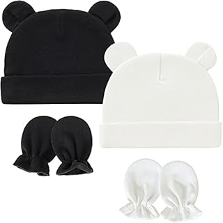 Malaxlx Newborn Baby Hats and Mittens Set Bear Ears Infant Beanie Hat Scratch Mittens for 0-3 Months Baby Girls Boys