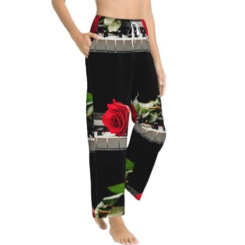 Pantalon pyjama flanelle rouge piano femme vêtement nuit chaud poches