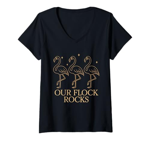 Mujer Our Flock Rocks Chic Outline Flamingo Design Minimal Black Camiseta Cuello V