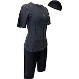 [Ｄｅａｒ　Ｃｏｌｏｇｎｅ] フィットネス水着 レディース セパレート 半袖 上下セット 大きいサイズ キャップ付き めくれ防止 体型カバー ft002 ダークグレー L