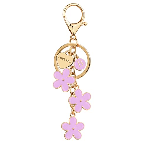 Suweibuke Initial Letter Keychain with Love You Heart, Cute Key Chain Gift for Women Girl, Charm for Keys Handbags Backpacks (Purple-B)
