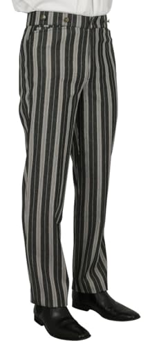 Historical Emporium Men's High Waist Towson Striped Cotton Blend Trousers, Victorian Western Pants with Suspender Buttons2