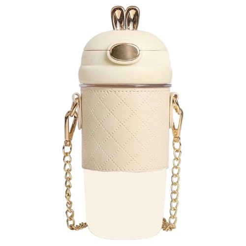 Sgqtqybk Kawaii Water Bottle 420ml/14oz Cute Stainless Steel Insulated Rabbit Water Bottle with Strap & Leather Cup Sleeve Leak-Proof Portable Food Grade for Women Girls, White